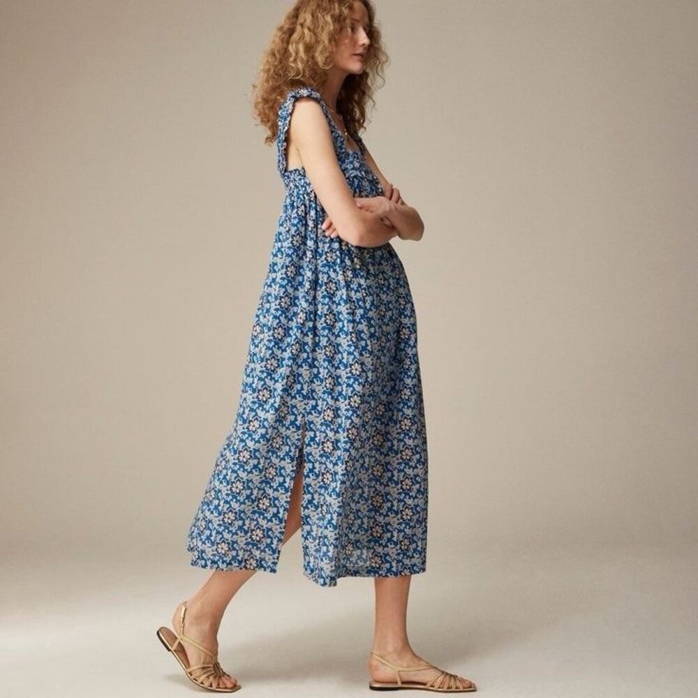 J. Crew Floral Voile Ruffle Trim Shift Dress Midi Small Sleeveless Blue White